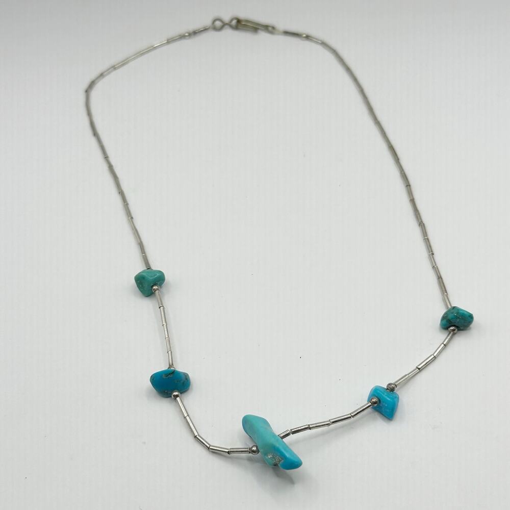 Southwestern Liquid Silver Choker Turquoise Chunky Stone Necklace 15.5" long